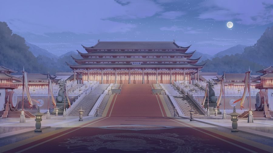 Imperial palace throne hall at night from the lower camera, lanterns lit.