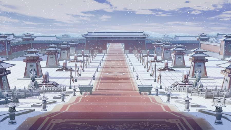 Imperial palace throne hall under snow.
