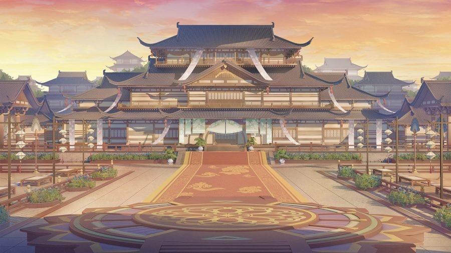 The magnificent stage at dusk, tiered roofs above a wide plaza.