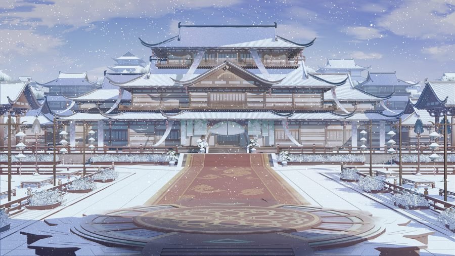 The magnificent stage under falling snow.