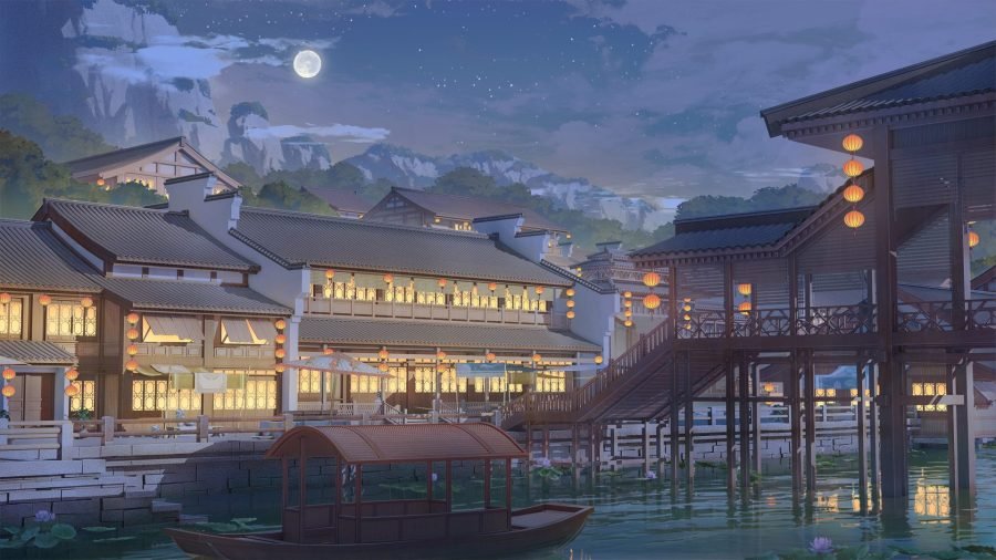 Jiangnan river town at night with lantern reflections on the canal.