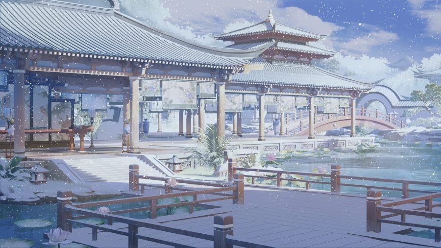 Garden courtyard under snow.