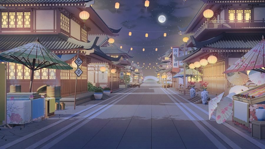City side street at night, lanterns over a narrow lane.