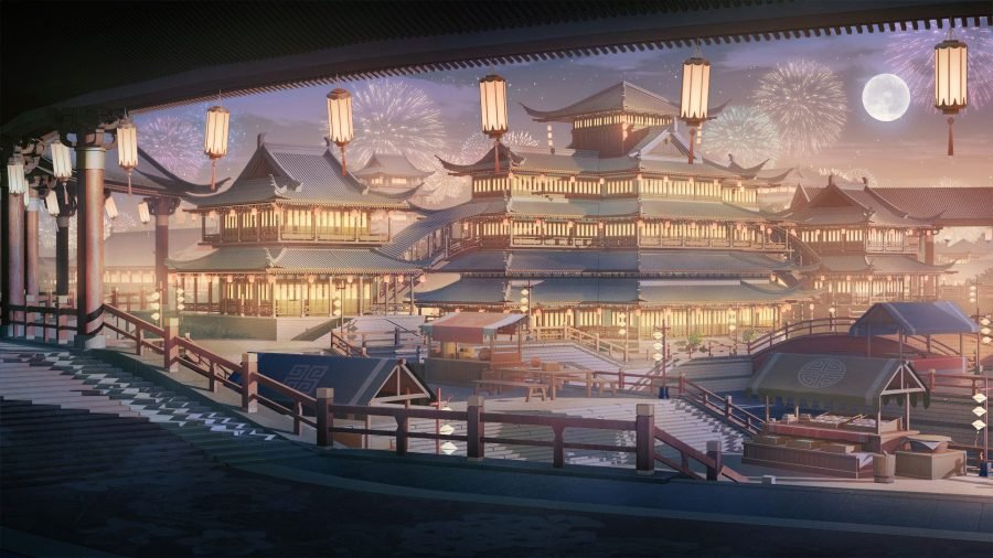 Covered city corridor lit at night.
