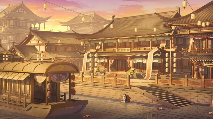 Waterside pavilions and moored barges at dusk.