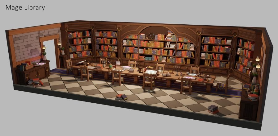 Library room module: full-height shelving, reading desks and a tiled floor, shown as a cutaway.