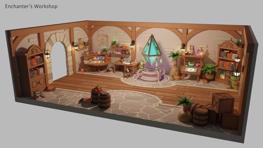 Enchanter's workshop module with alchemy glassware and enchanting benches.