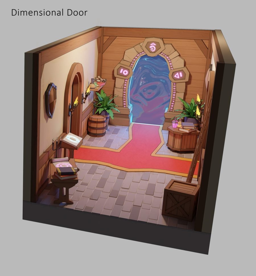 Dimensional door room module, a glowing portal set into the far wall.