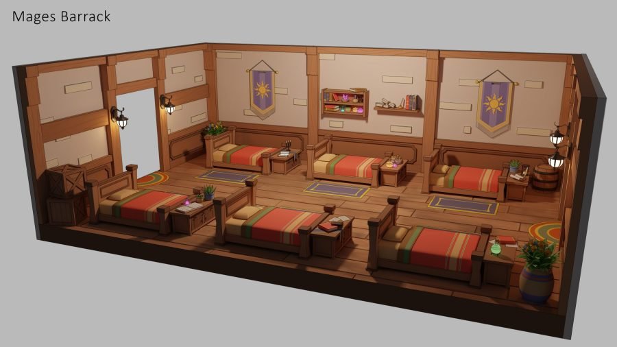 Mages' barracks module with bunks, chests and personal dressing.