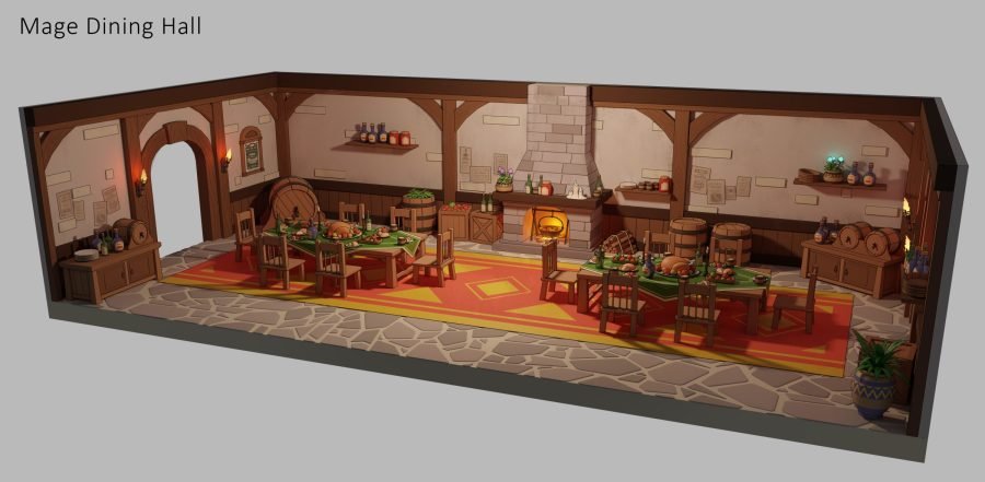 Dining hall module with long tables, hearth and hanging lamps.