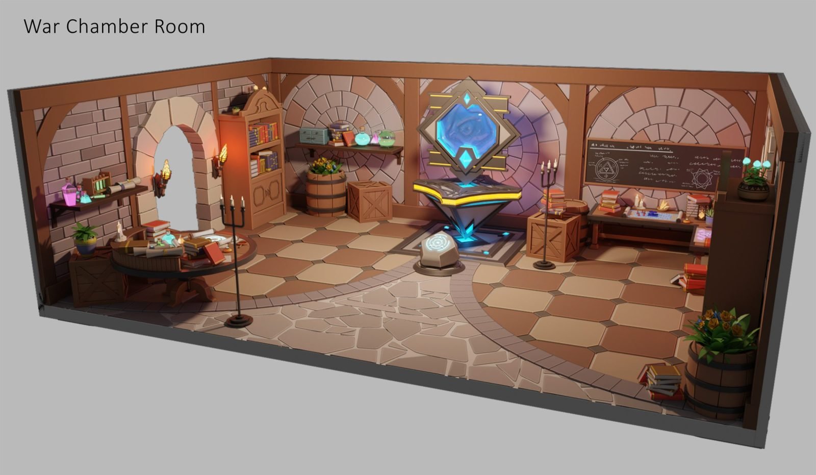 War chamber module with a central strategy table and banners.
