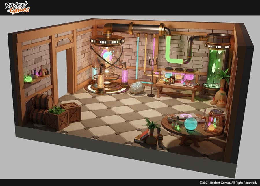 Artificer's Tower library interior rendered in three-quarter cutaway.