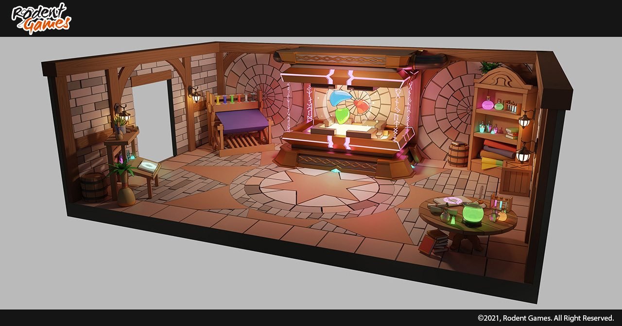 Artificer's Tower workshop interior rendered in three-quarter cutaway.