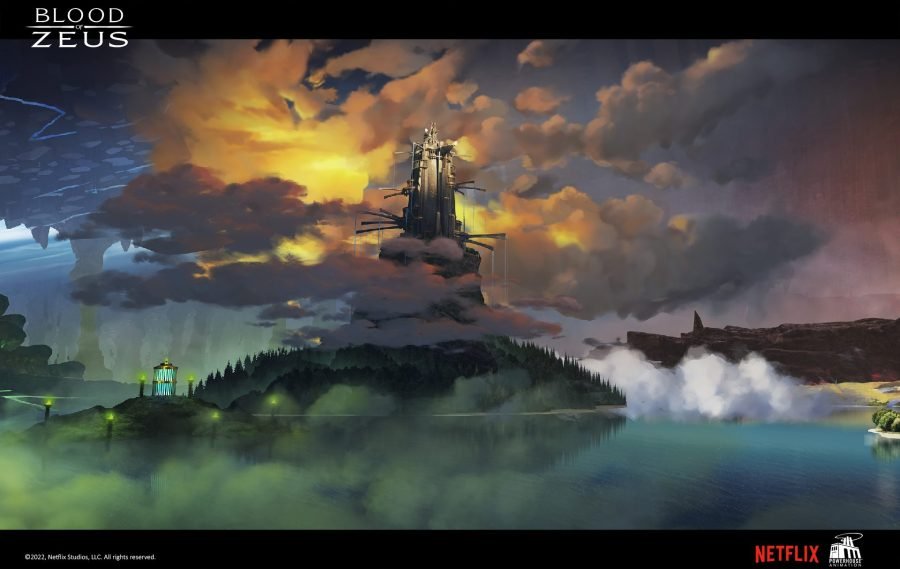 Underworld panorama: a tiered island of green flame under a burning sky.