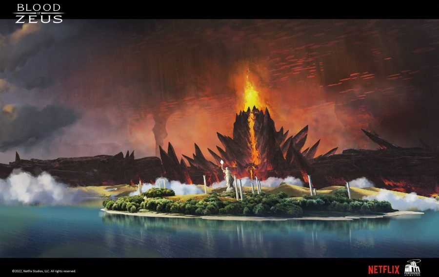 Underworld at its most volcanic, the citadel silhouetted against magma light.