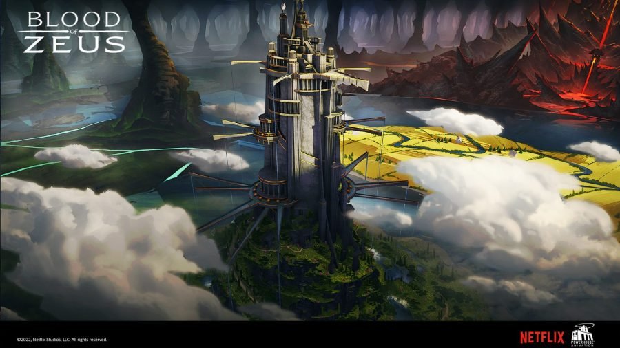 Hades' palace rising from cloud on a floating rock, twin towers against dusk.