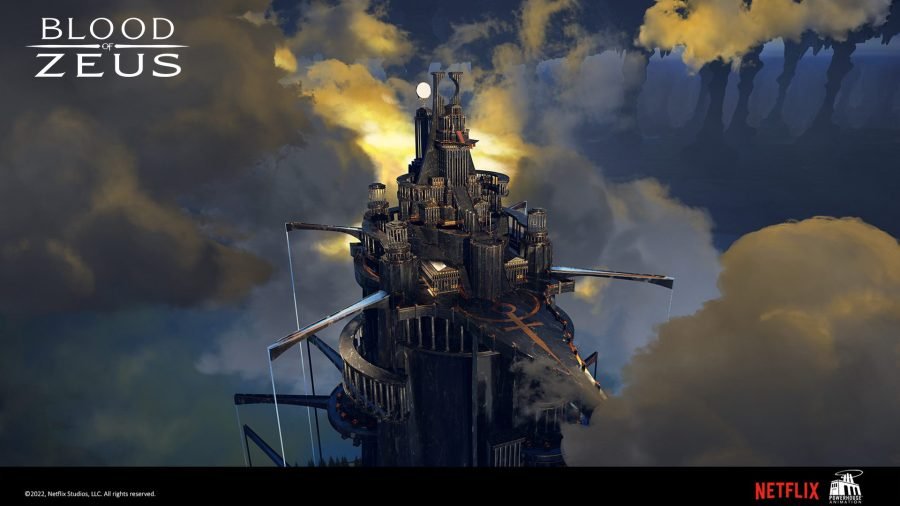 Hades' palace seen from below through storm cloud.