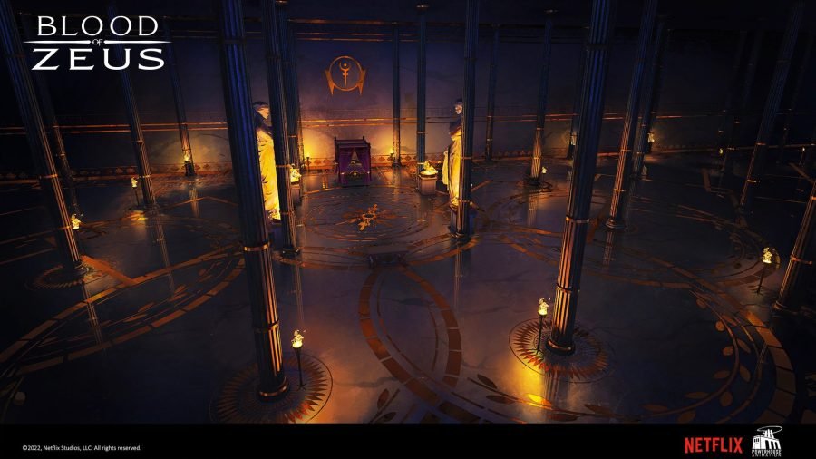 Interior of Hades' bedroom: colonnaded hall lit by hanging braziers.