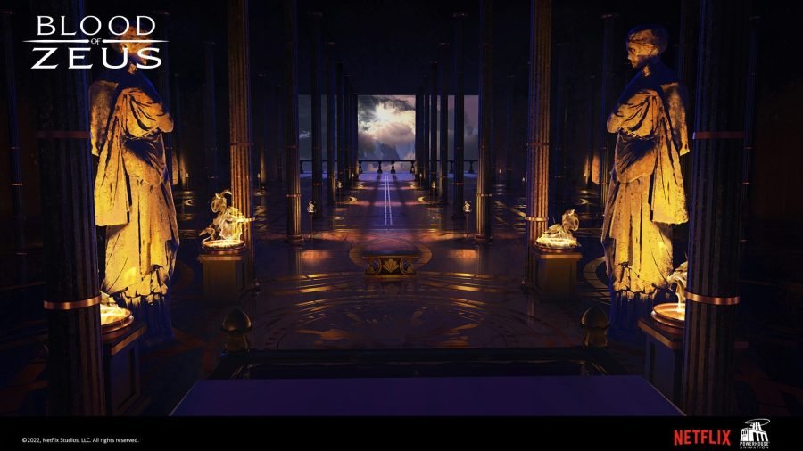 Hades' throne hall with flanking statues and a glowing doorway at the far end.
