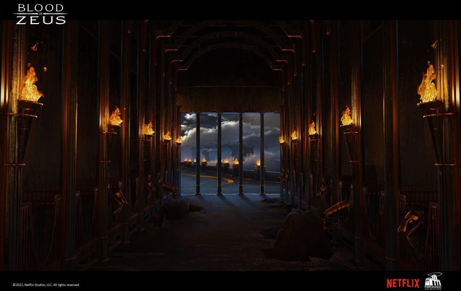 Palace stables: a dark timber hall opening onto pale light.