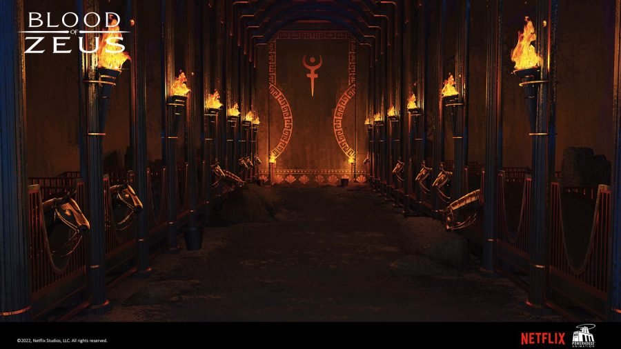 Palace stables interior lit by molten light through the arches.