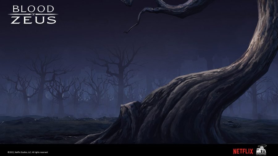 Tartarus riverbank under bare trees and a bruised sky.