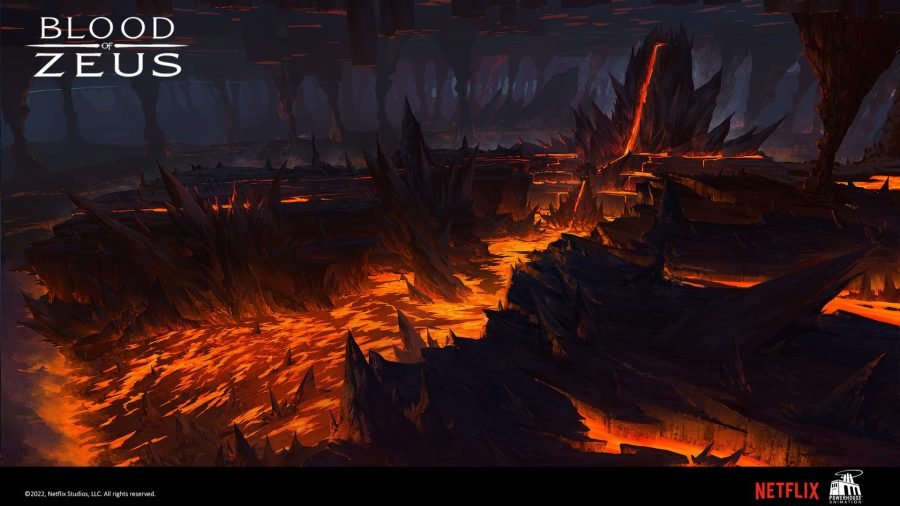 Tartarus: a river of fire cutting through blackened forest.