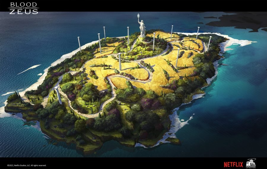The Isle of the Blessed seen from above: green terraces ringed by turquoise water.