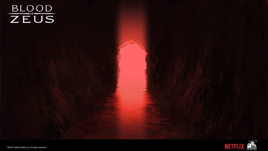 The abyss chamber: a vertical column of red light in a black cave.