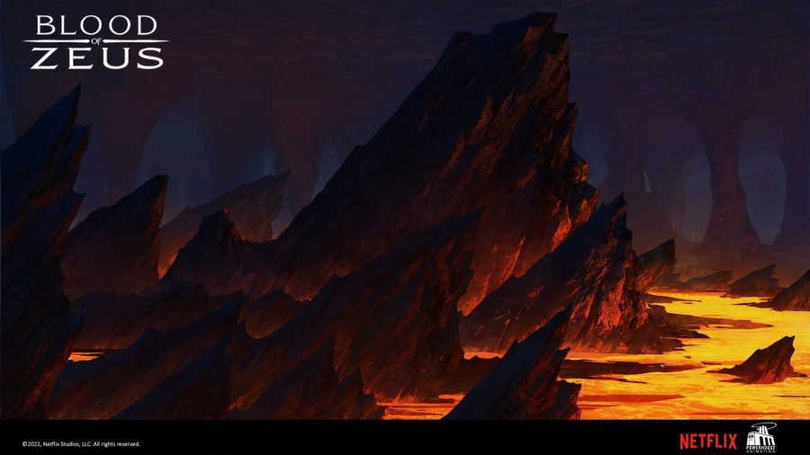 A volcanic mountainside of red rock under a smoke-dark sky.