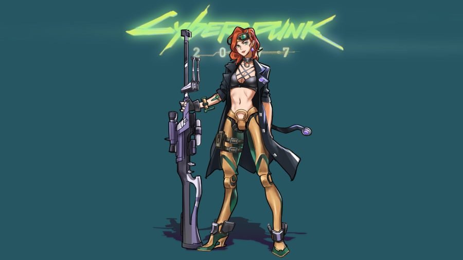 Cyberpunk character illustration with neon title treatment.