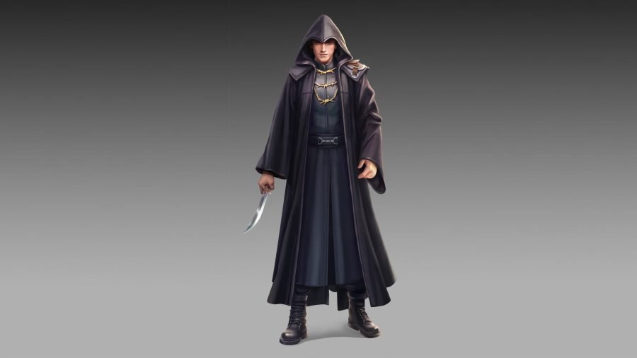 Necromancer character in a hooded black robe, full-length view.