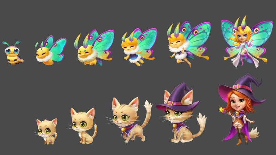 Fairy character sprite sheet with pose and outfit variants.