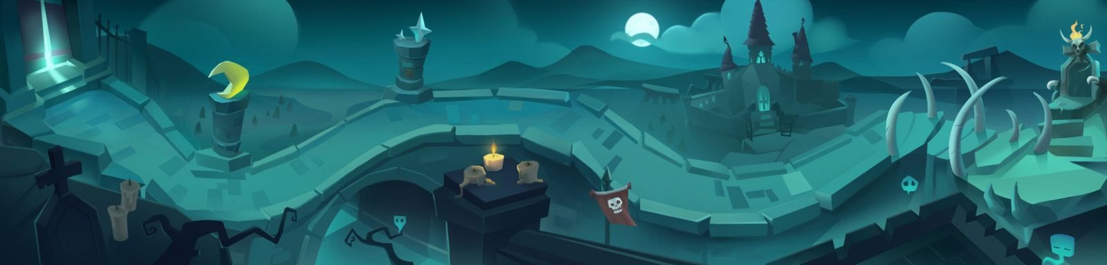 Seamless underwater level background with a sunken castle and kelp.