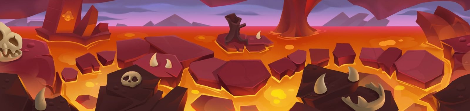 Seamless volcanic level background with lava flows and bone debris.