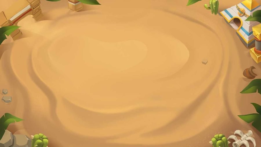 Desert board background framed by ruins and pottery.