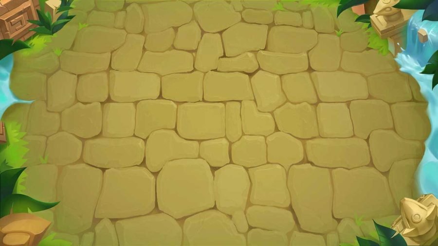 Overgrown cobblestone board background framed by jungle props.