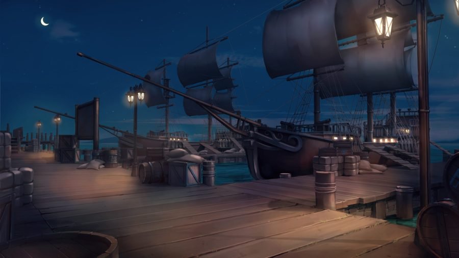 Night docks with a moored tall ship under lantern light.