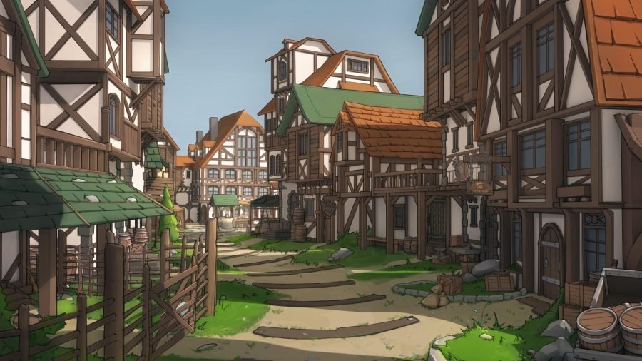 Medieval town street in daylight, timber-framed houses either side.