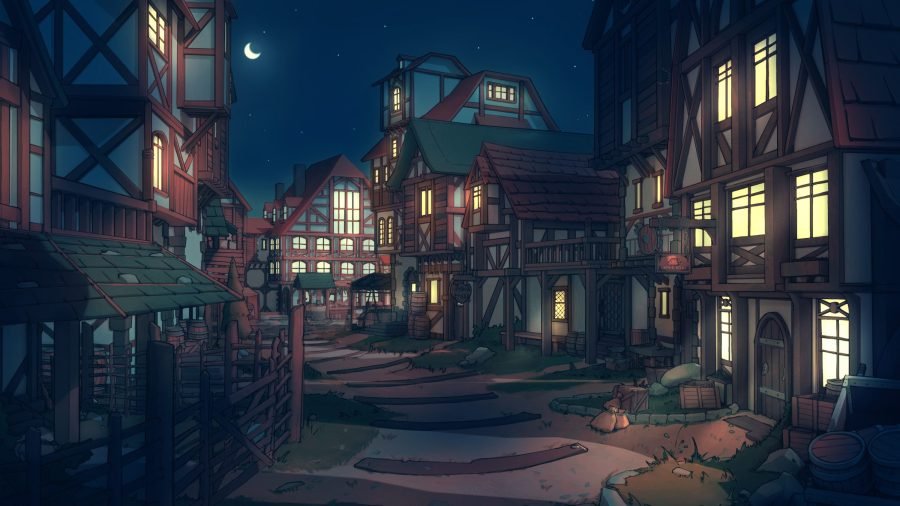 The same medieval street at night, windows lit.