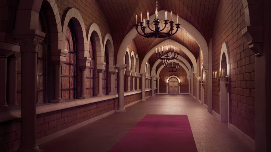 Vaulted church corridor with a red carpet running to the far arch.