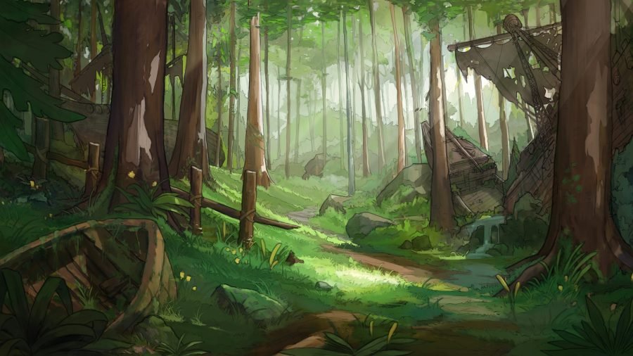 Forest dungeon entrance among tall trees and shafts of light.