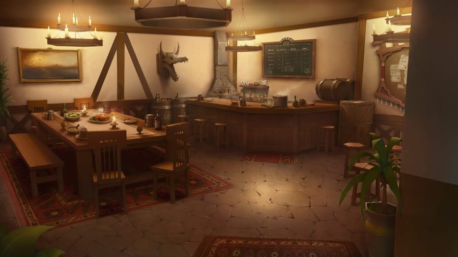 Desert tavern interior with a long bar and low warm lighting.