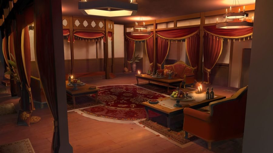 Ornate desert interior with drapes, lamps and tiled floor.