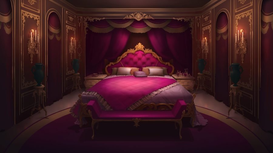 Palace bedroom in deep magenta with a canopied bed.
