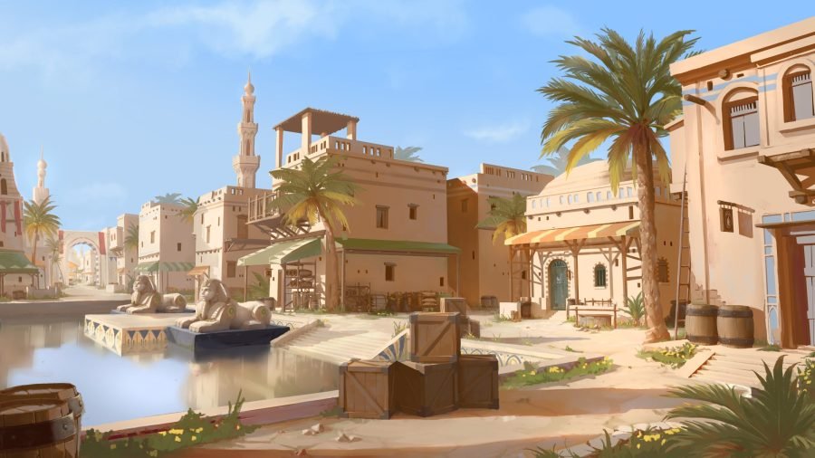 Oasis village on the water with palms and sandstone houses.
