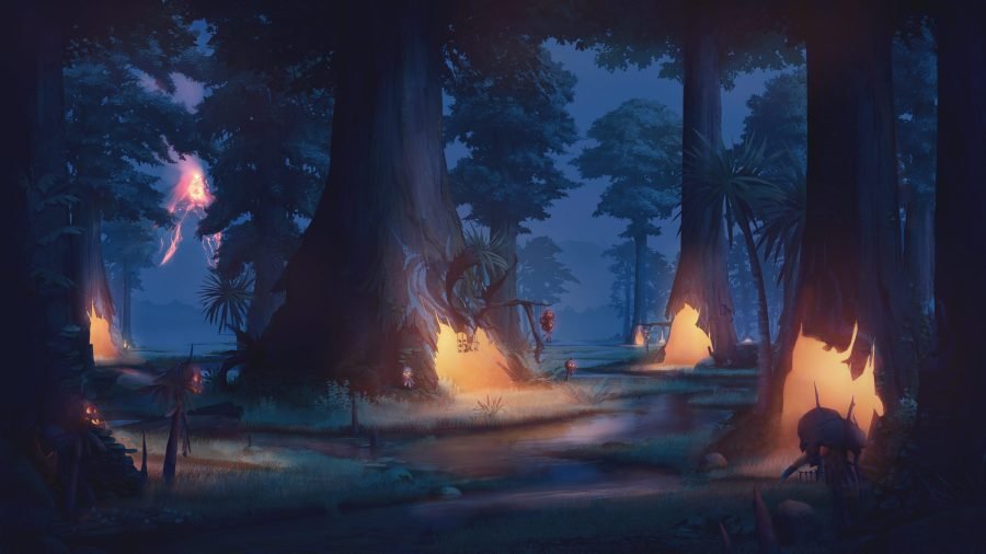 Volcanic swampland at night lit by magma.