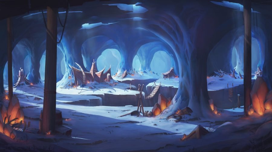 Ice cave interior with translucent blue formations.