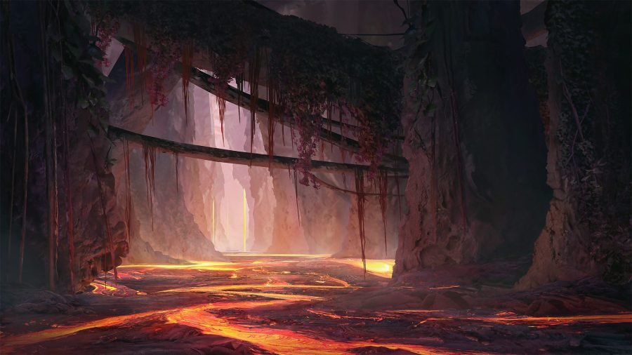 Volcano dungeon interior, lava channels cutting through black rock.