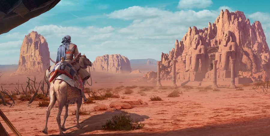 A lost temple half-buried in red desert rock.